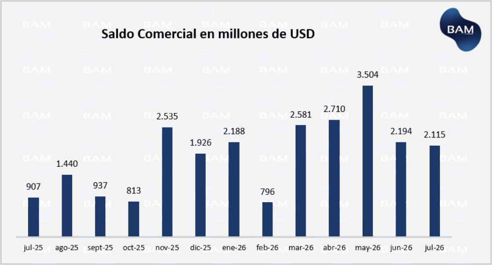 Saldo comercial mensual en millones de USD